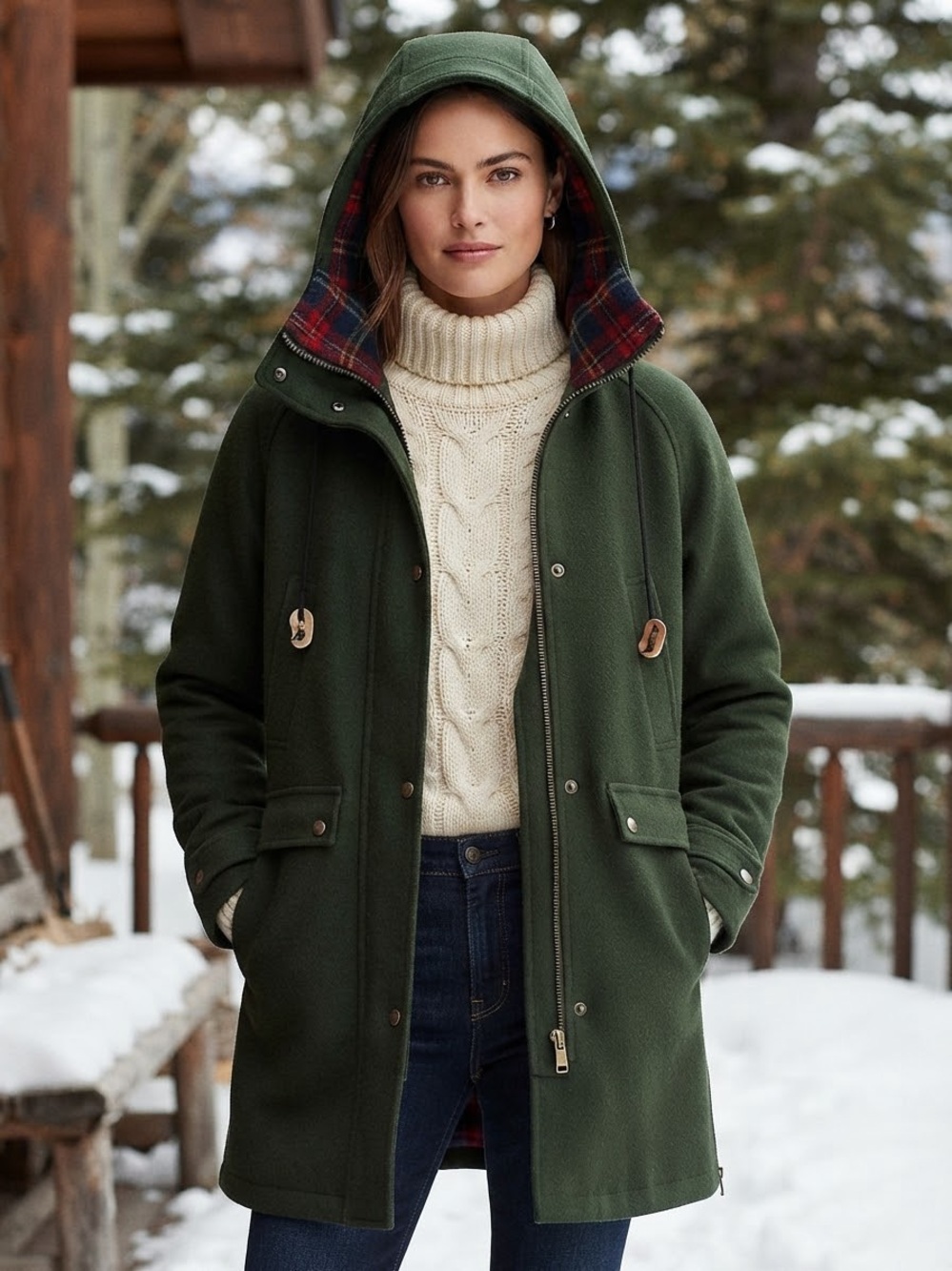 Vintage The Woolrich Woman Dark Green Wool Hooded Parka Jacket With Plaid Lining